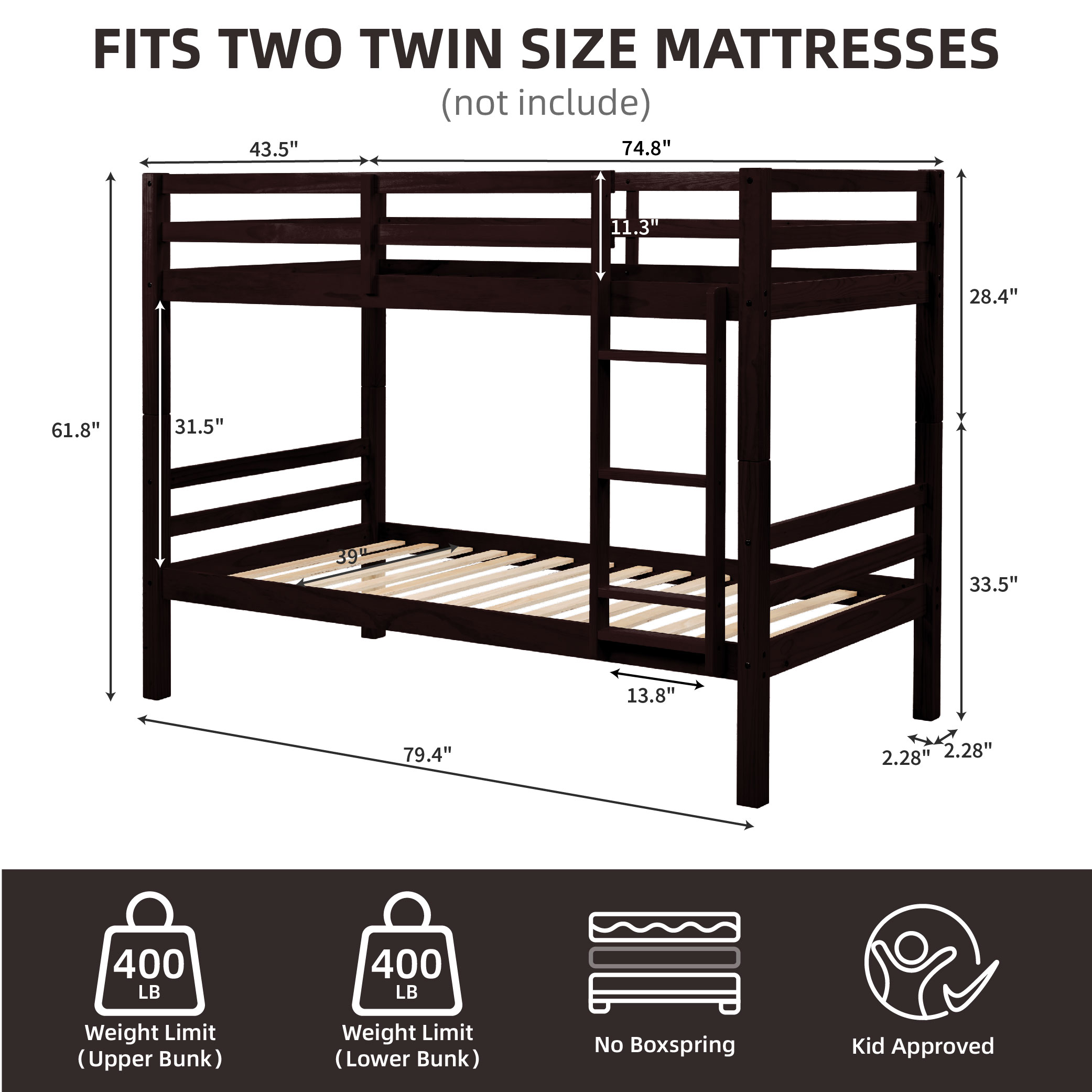 Twin Over Twin Bunk Bed With Thick Posts,Wooden Bunk Bed With High Guardrail And Ladder For Kids, Teens, Dorm Rooms, And Guest Rooms,No Box Spring Needed,Espresso_voghion.com